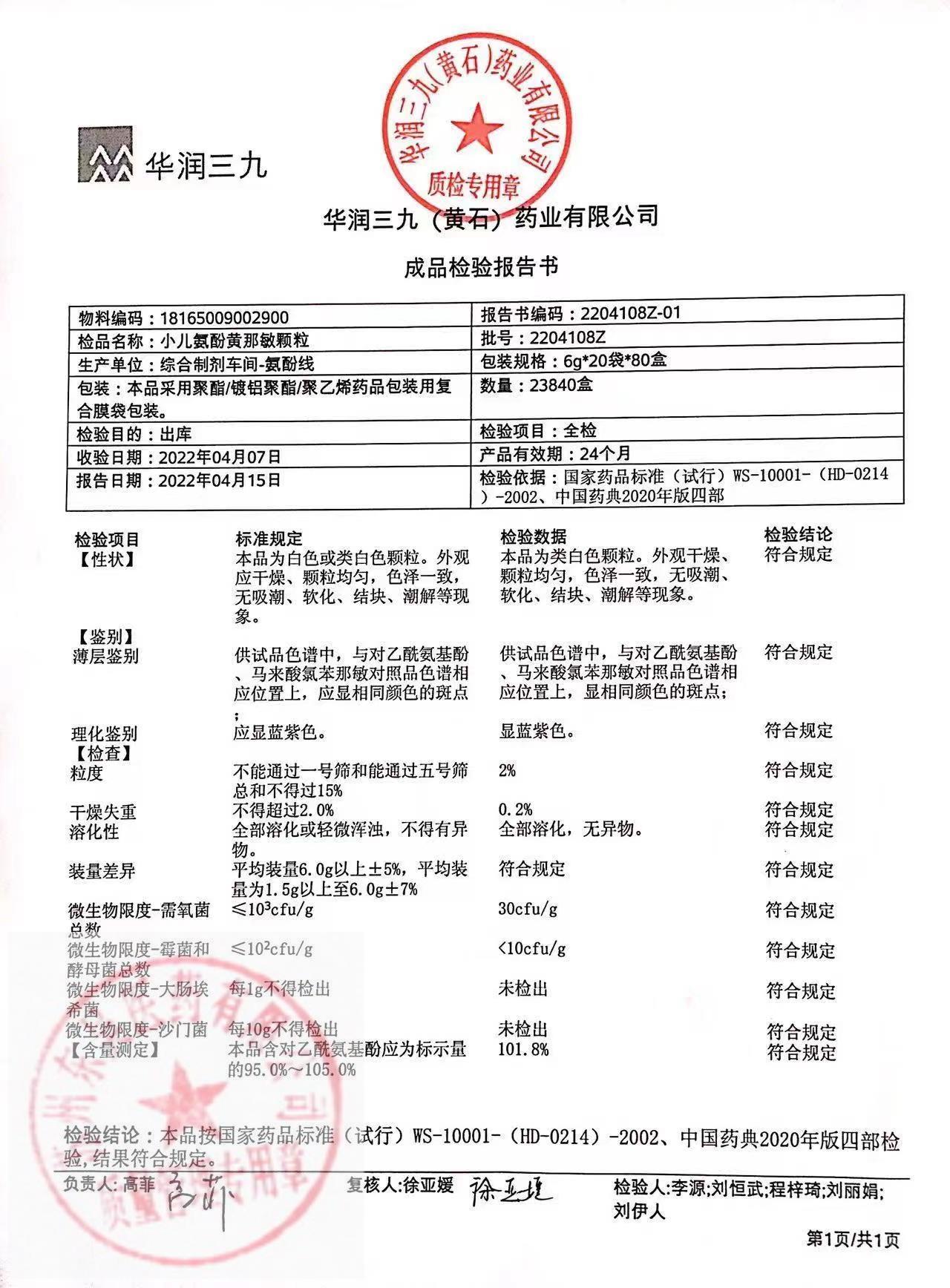 2204108Z小儿氨酚黄那敏颗粒