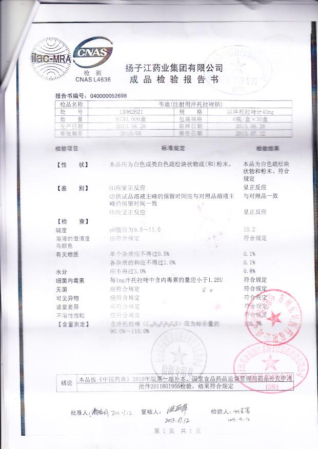 13062621注射液泮托拉唑钠