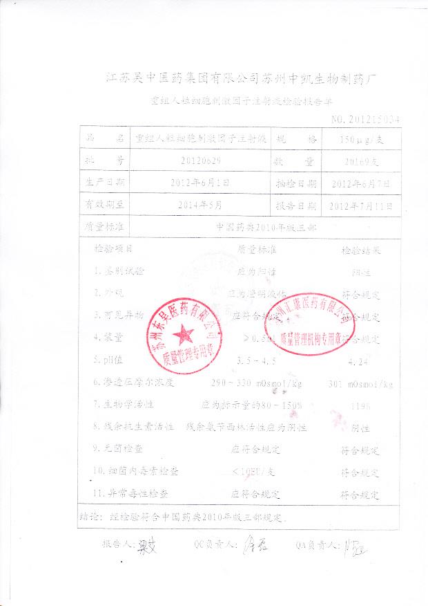 20120629重组人粒细胞刺激因子注射液