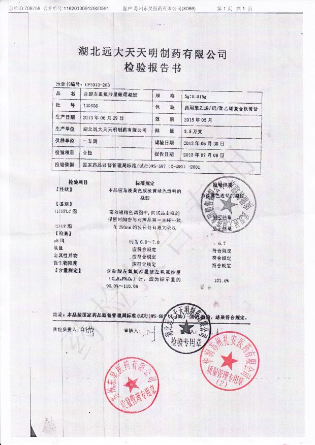 130606盐酸左氧氟沙星眼用凝胶