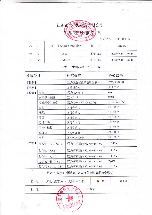 1210063复方乳酸钠葡萄糖注射液