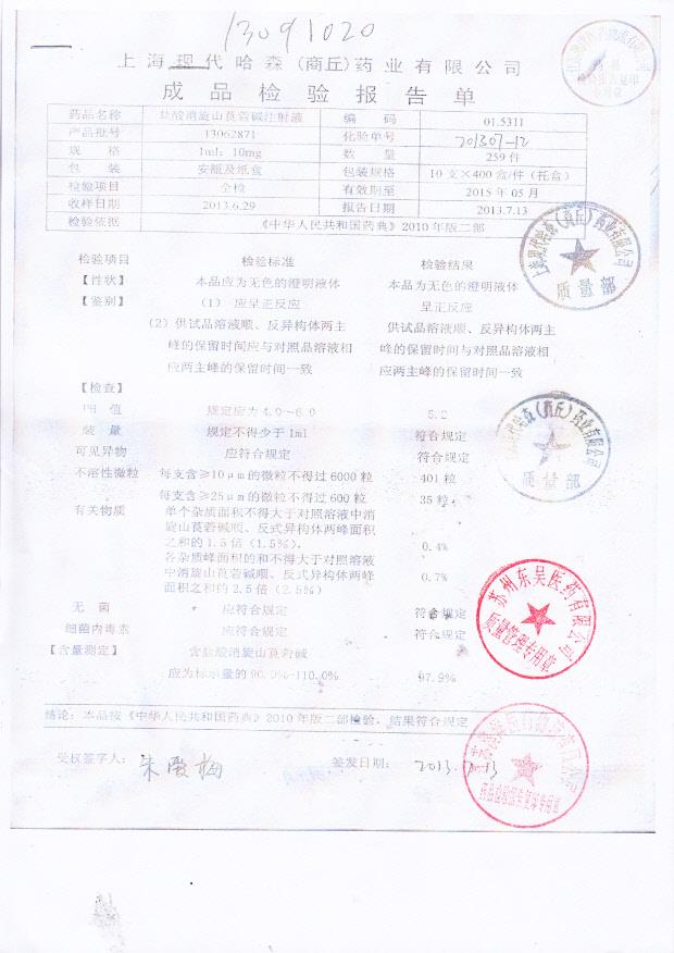 13062871盐酸消旋山莨菪碱注射液