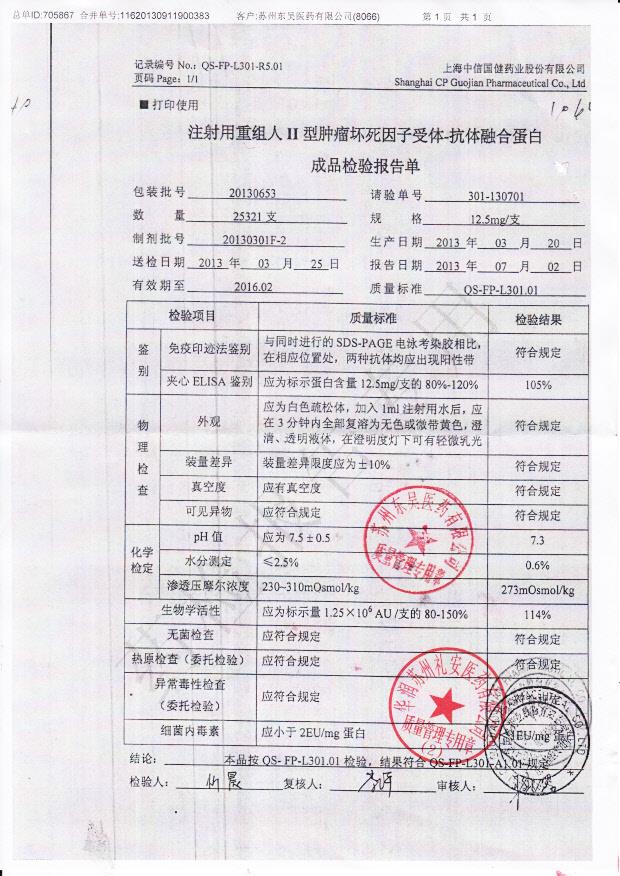 20130653注射用重组人2型肿瘤坏死因子受体-抗体融合蛋白