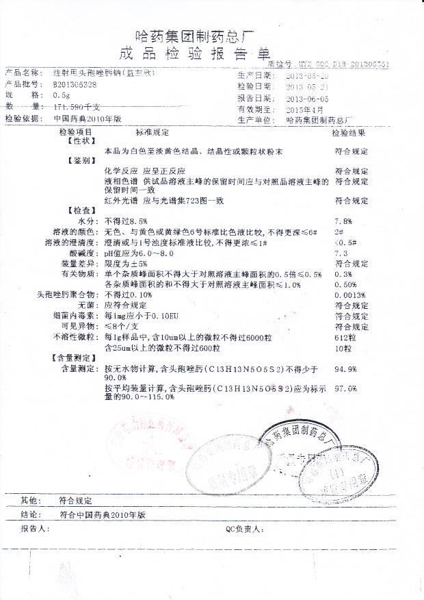 B201305328注射用头孢唑肟钠