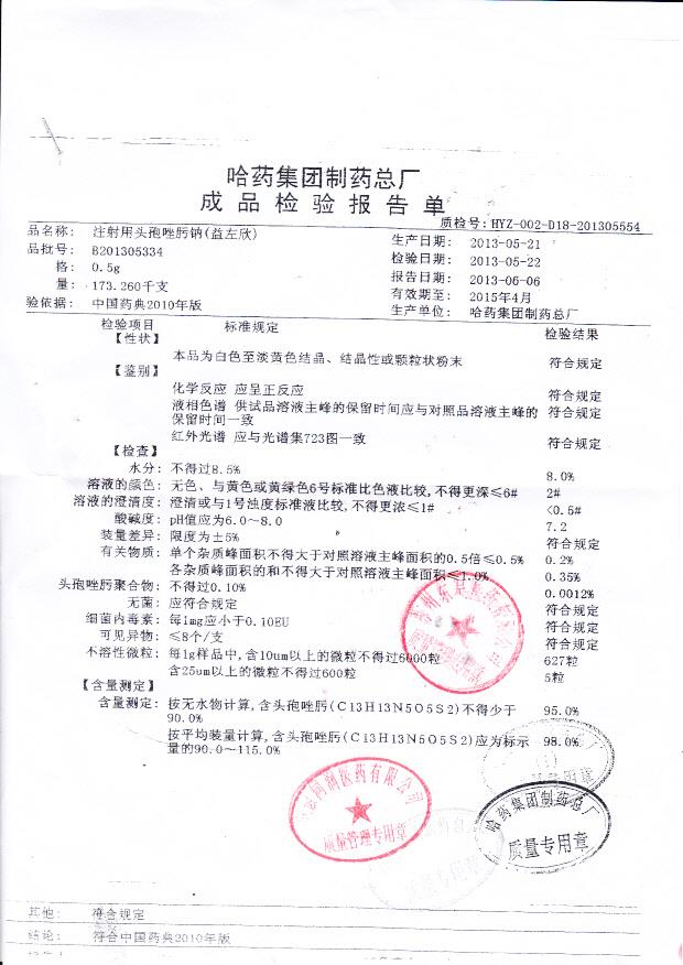 B201305334注射用头孢唑肟钠