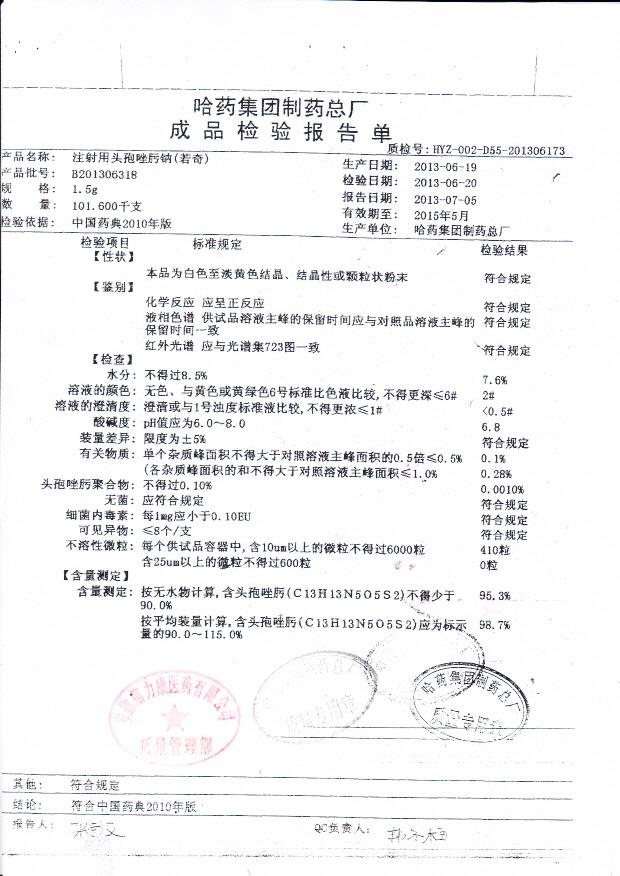 B201306318注射用头孢唑肟钠