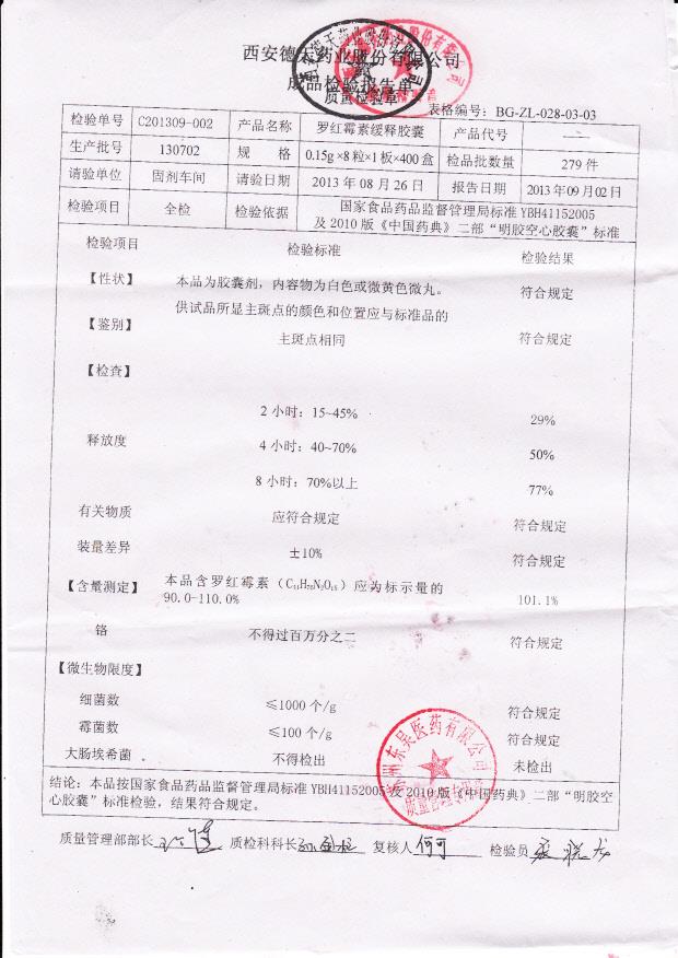 130702罗红霉素缓释胶囊