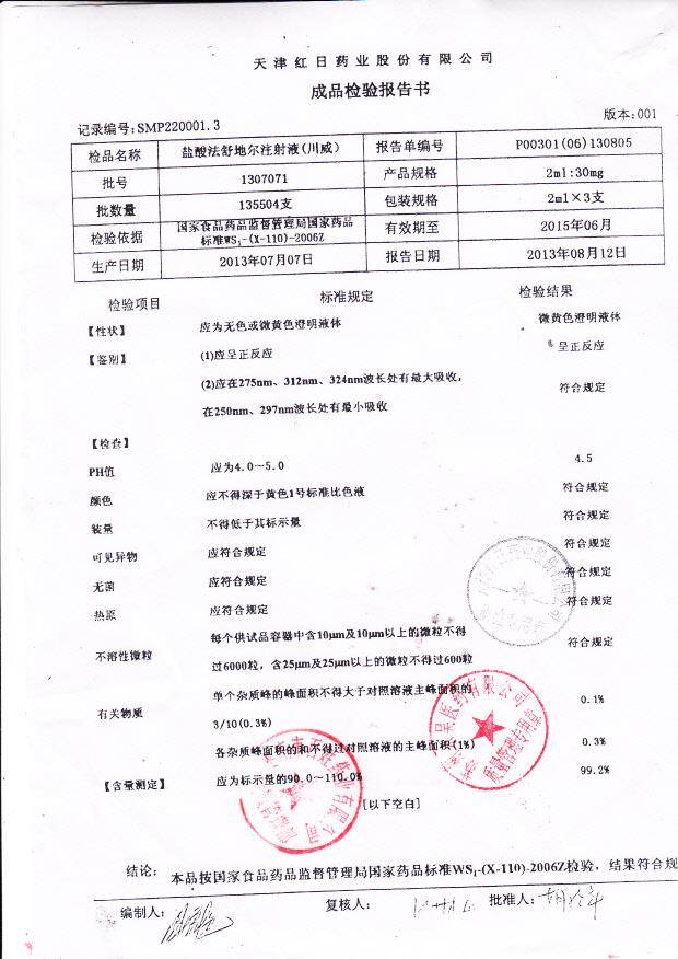 1307071盐酸法舒地尔注射液 （川威）