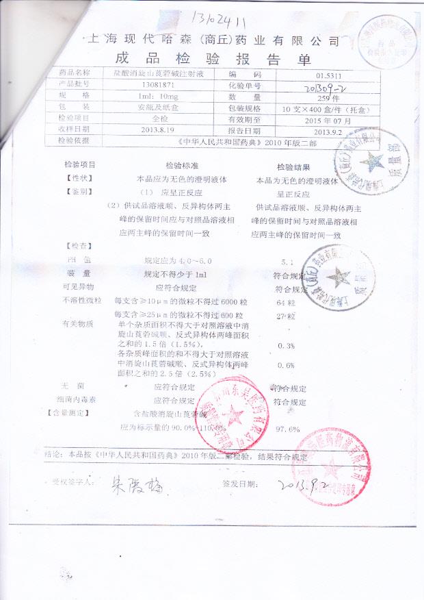 13081871盐酸消旋山莨菪碱注射液