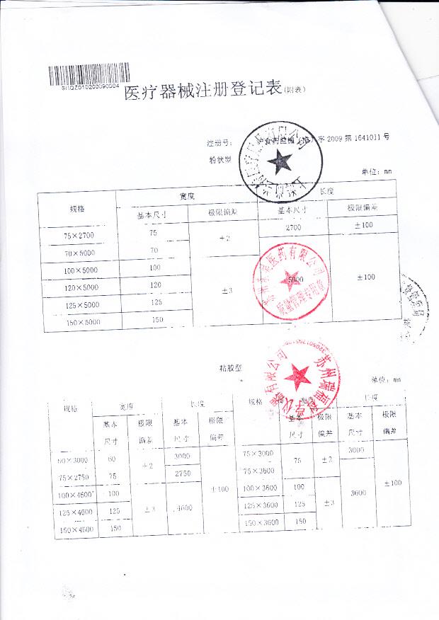 沪食药监械（准）字2009第1641011号 上海尚兰特医疗用品有限公司 石膏绷带（注册登记表）附页