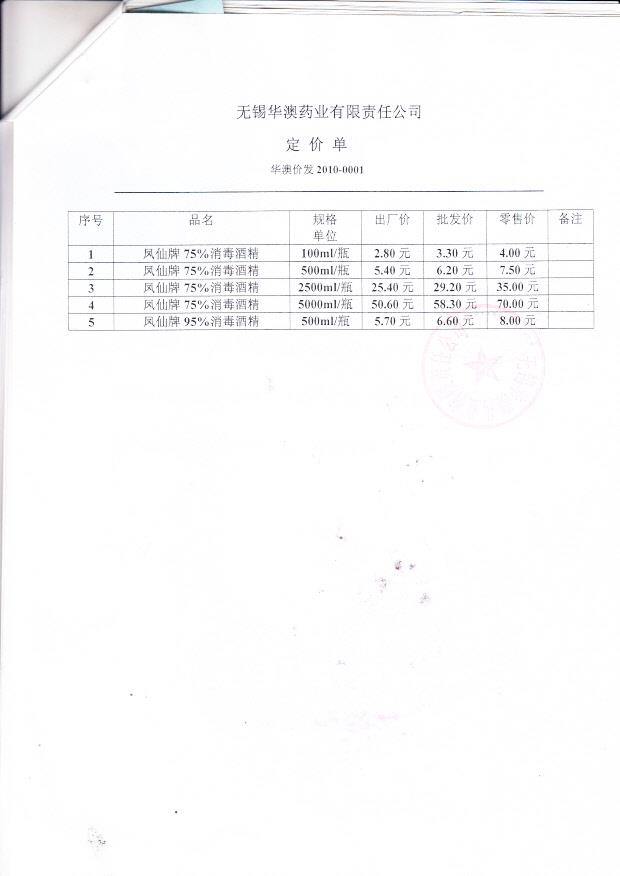 无锡华澳药业有限责任公司  75消毒酒精（定价单）