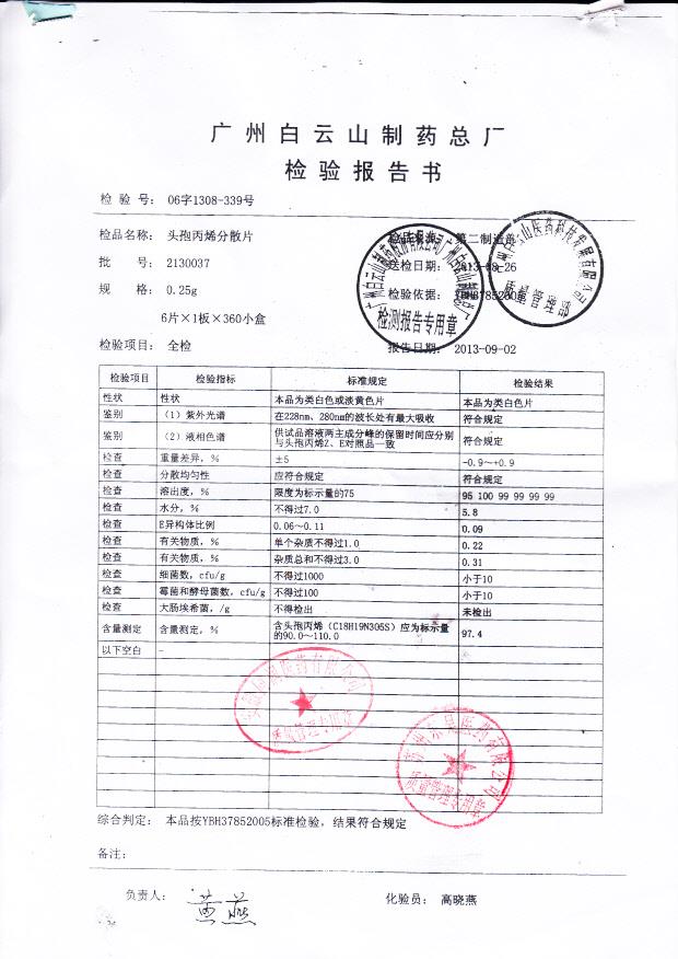 2130037头孢丙烯分散片