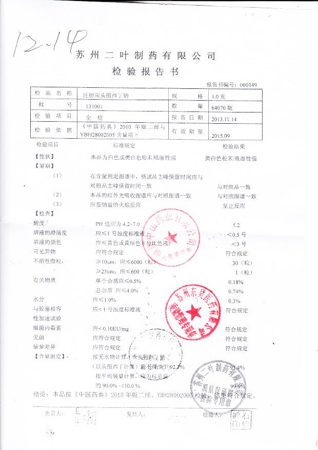 131001注射用头孢西丁钠