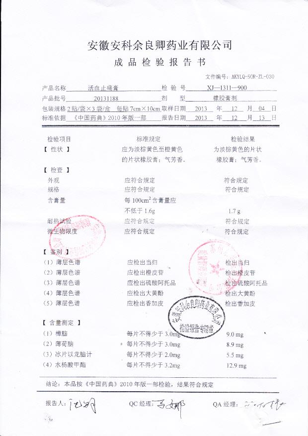 20131188活血止痛膏