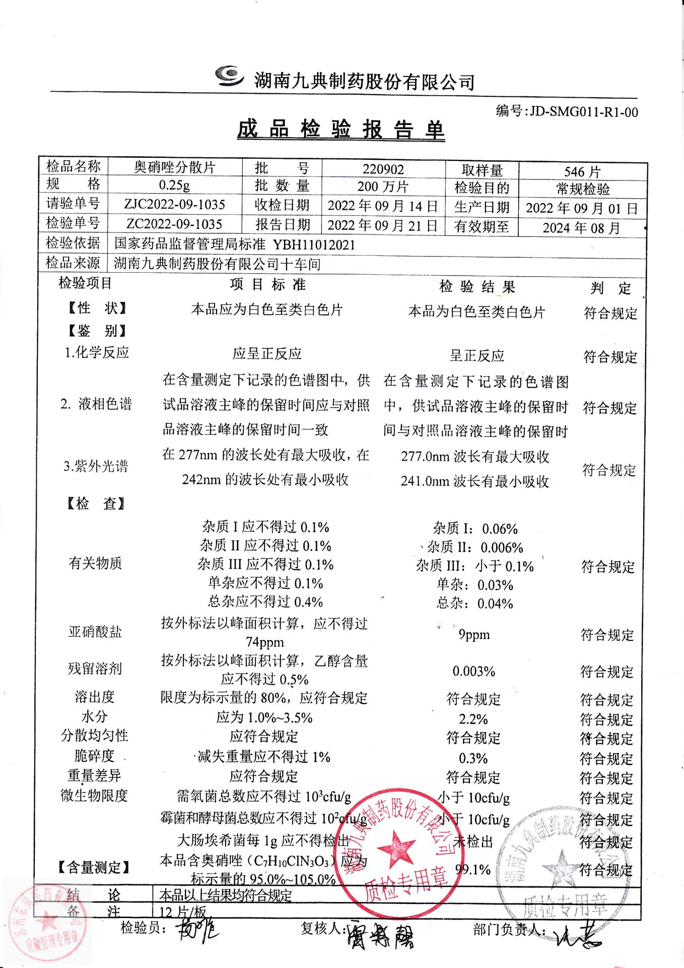 220902奥硝唑分散片