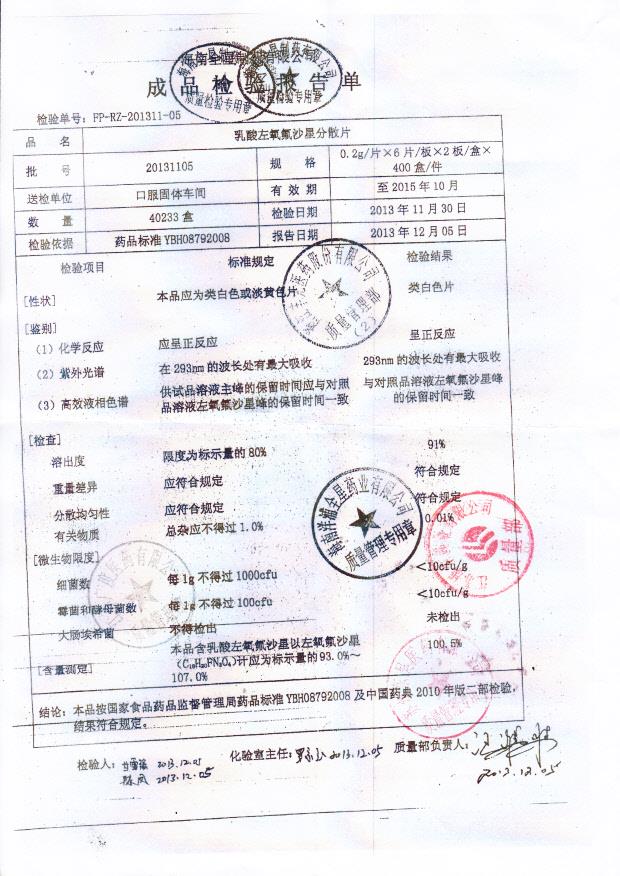 20131105乳酸左氧氟沙星分散片