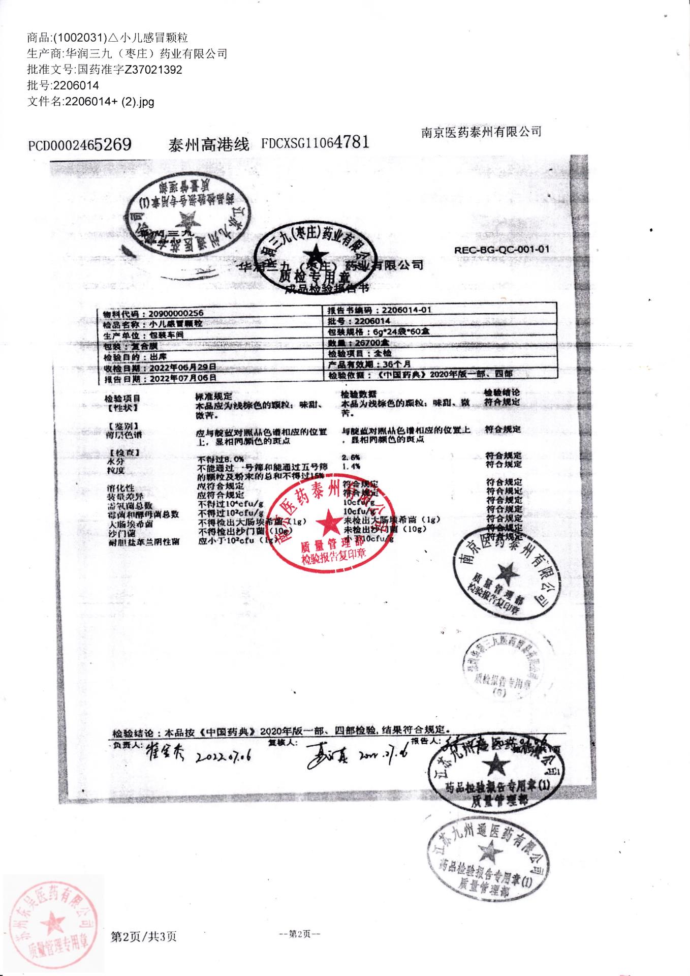 2206014小儿感冒颗粒