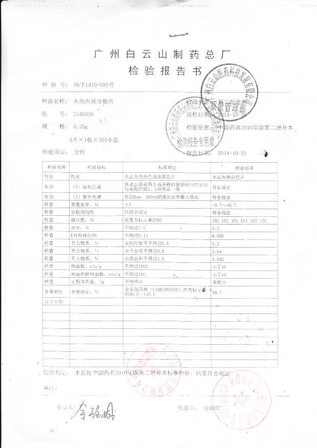 2140036头孢丙烯分散片