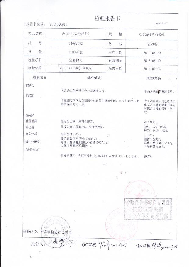 14082052吉加（厄贝沙坦片）.