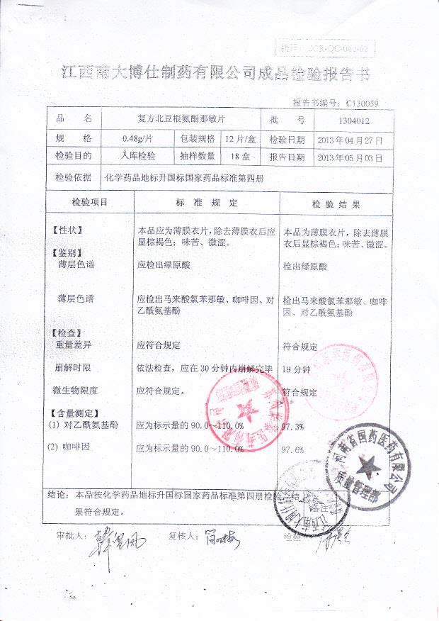 1304012复方北豆根氨酚那敏片