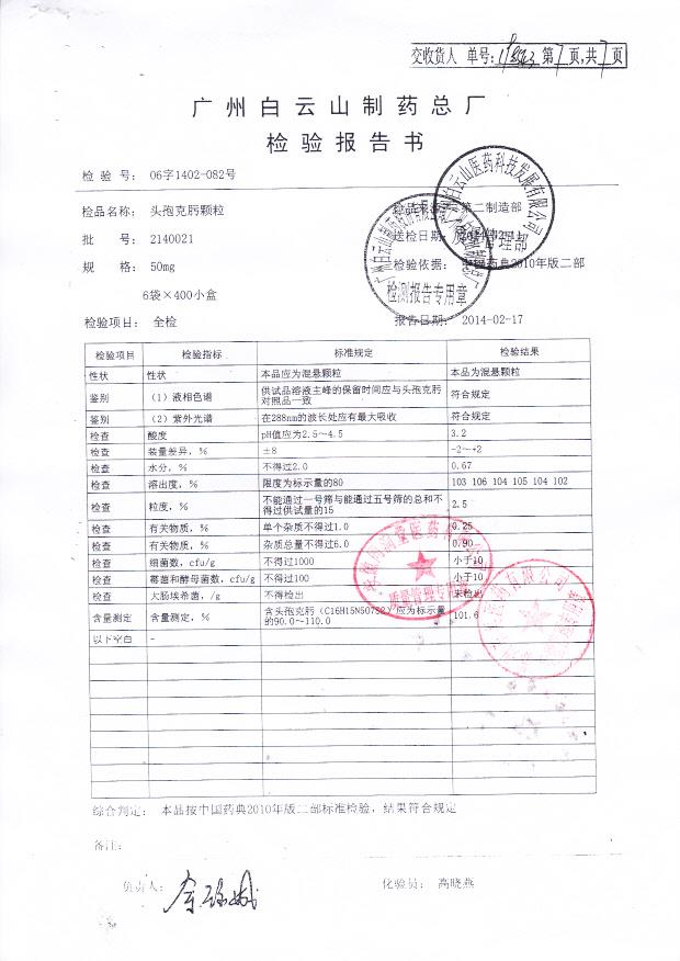 2140021头孢克肟颗粒