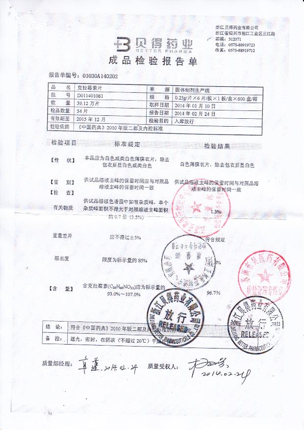 D011401081克拉霉素片