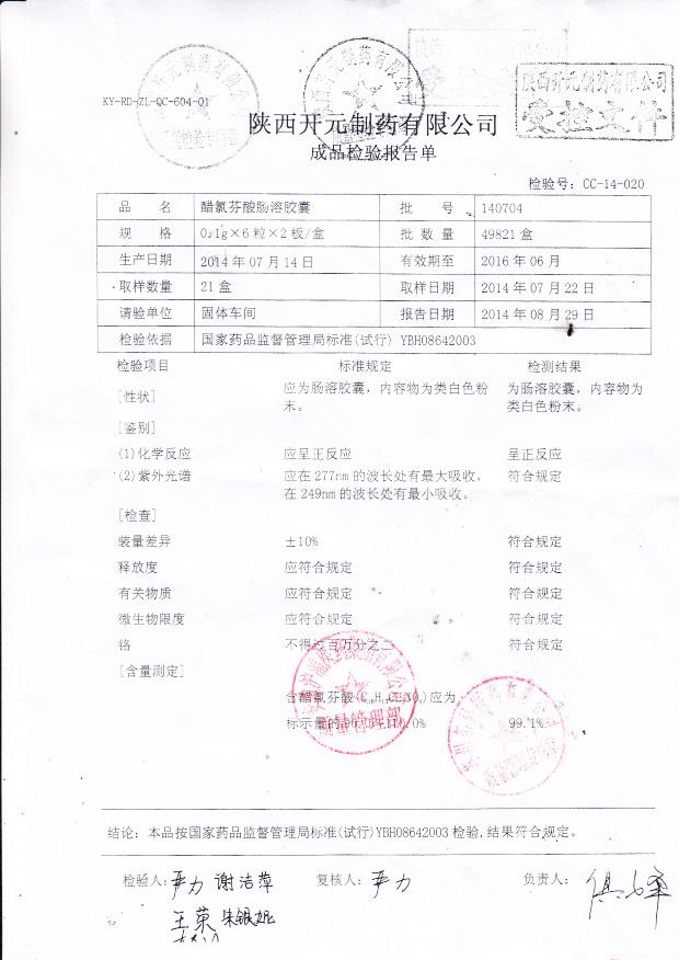 140704醋氯芬酸肠溶胶囊