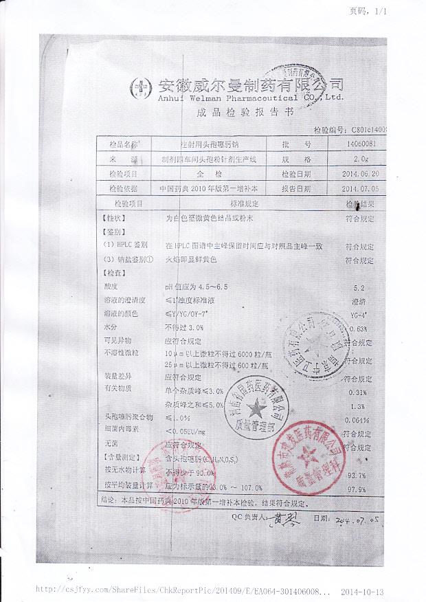 14060081注射用头孢噻肟钠