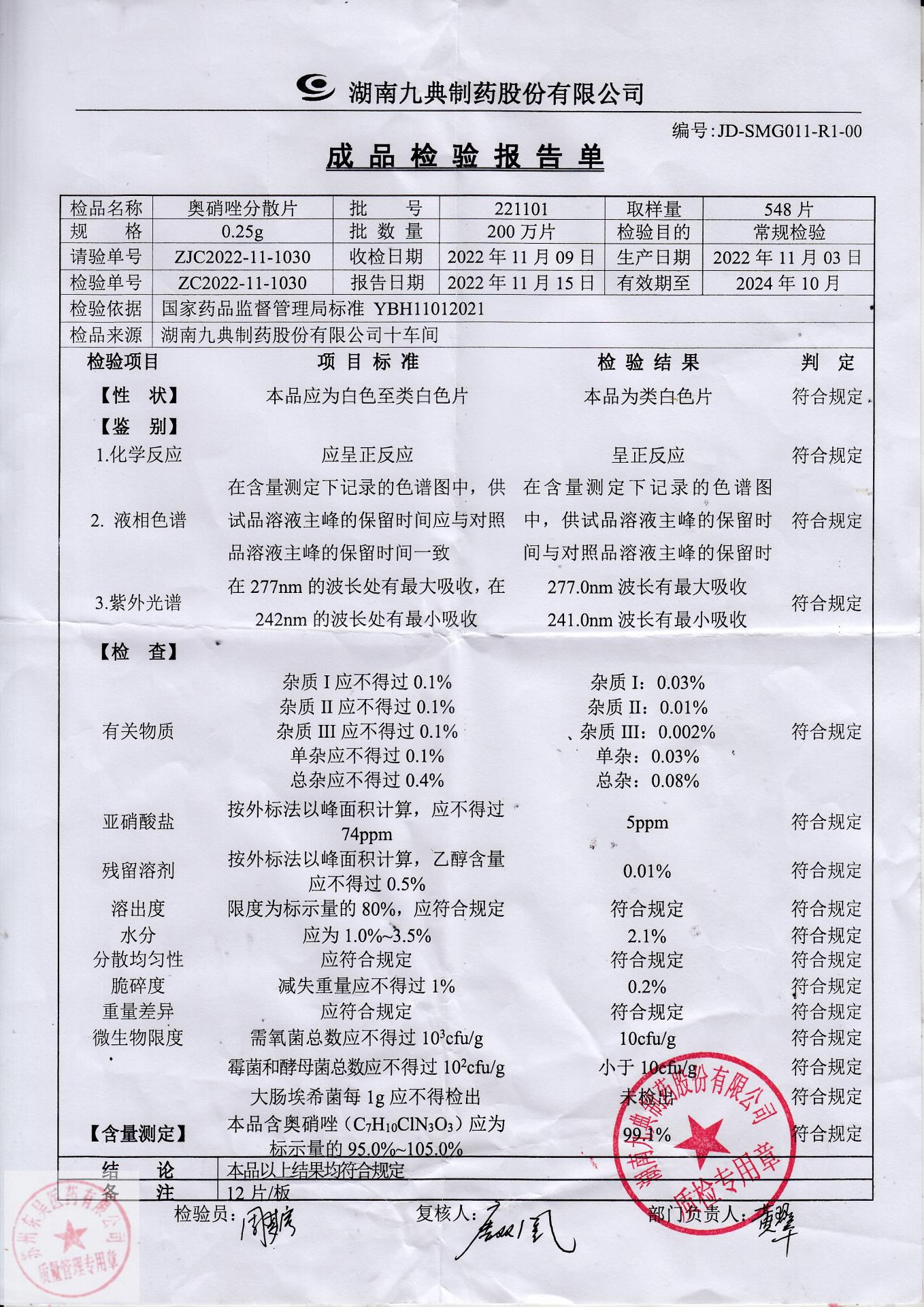 221101奥硝唑分散片
