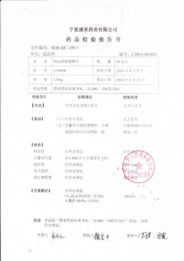 1140406吲达帕胺缓释片