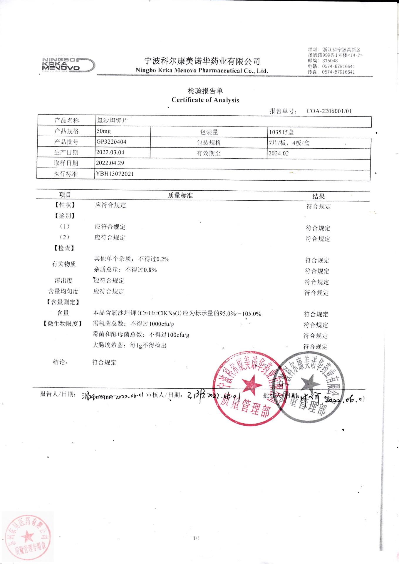 GP3220404氯沙坦钾片