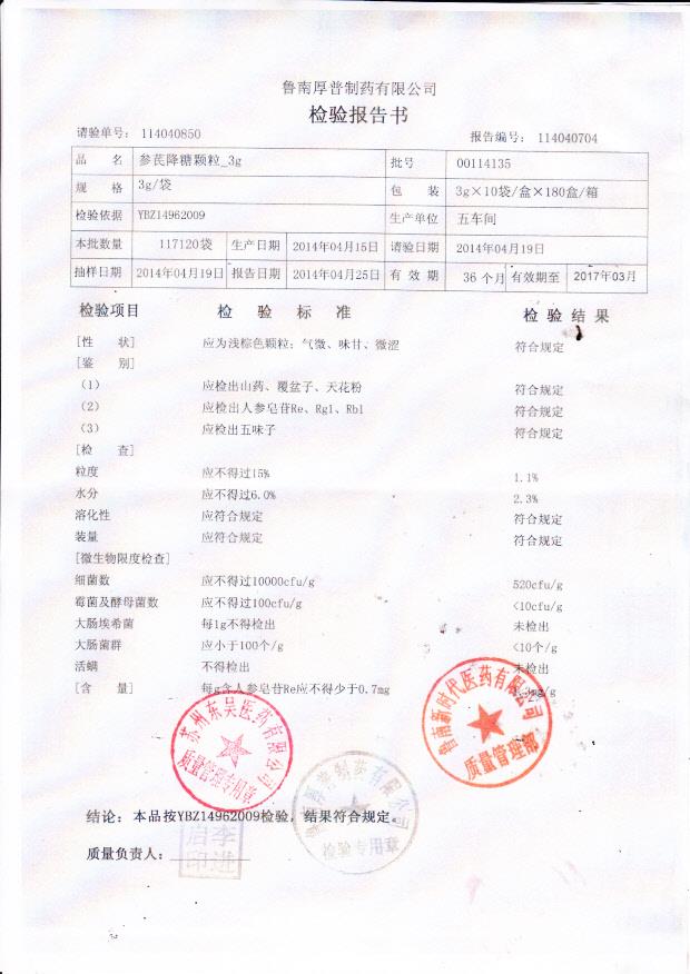 00114135参芪降糖颗粒