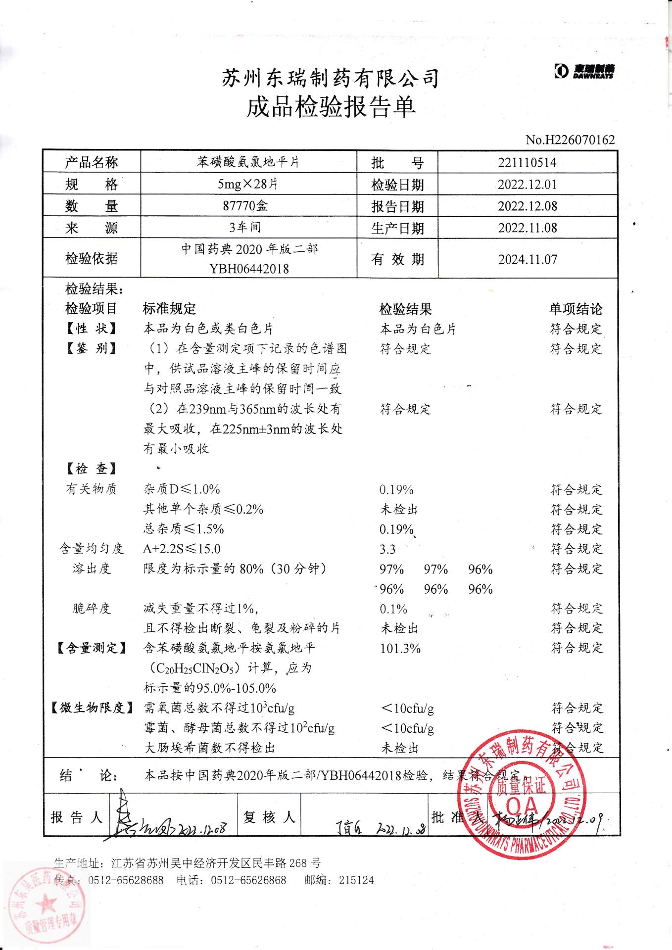 221110514苯磺酸氨氯地平片