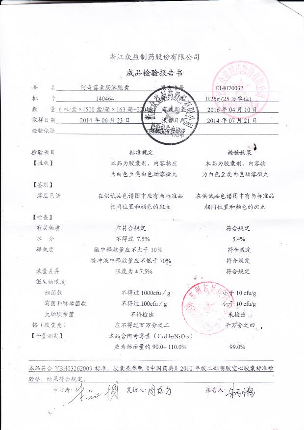 140464阿奇霉素肠溶胶囊