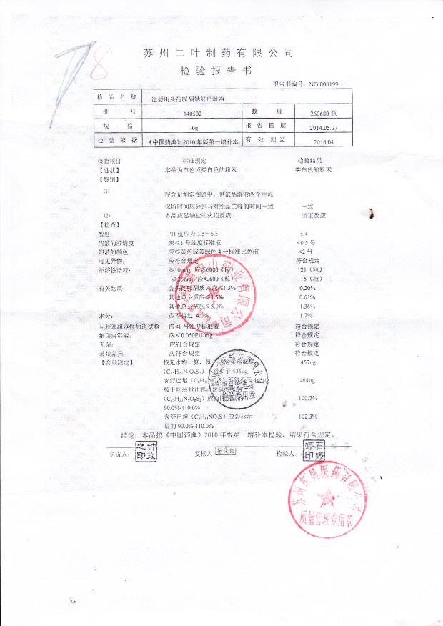140502注射用头孢哌酮钠舒巴坦钠