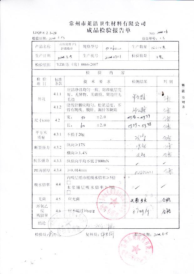 20140301莱洁一次性使用卫生护理垫单