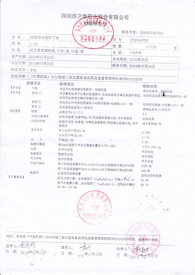 CP20140701注射用头孢西丁钠