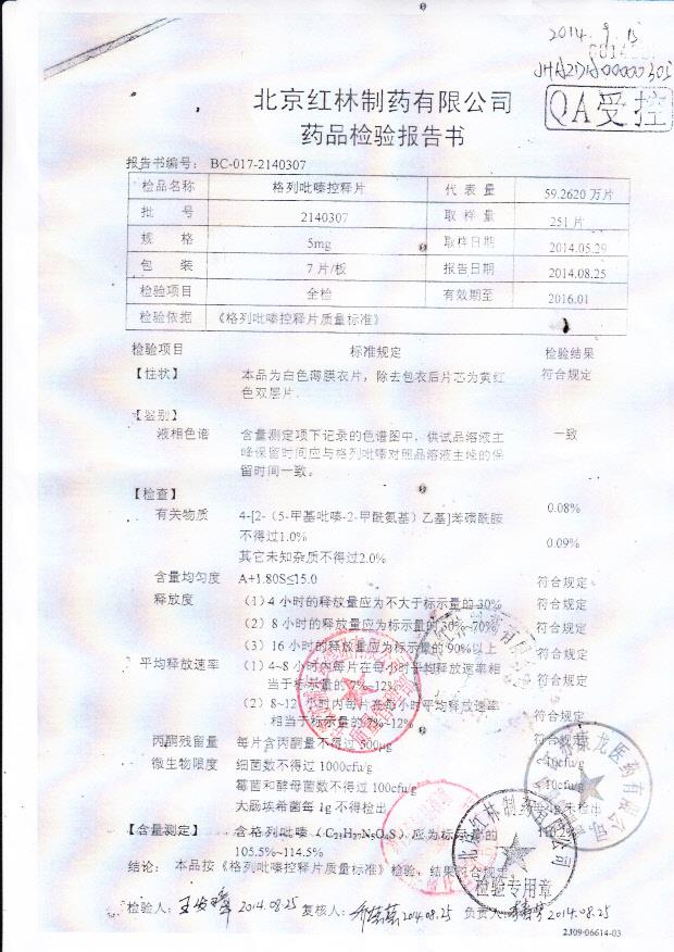 2140307格列吡嗪控释片