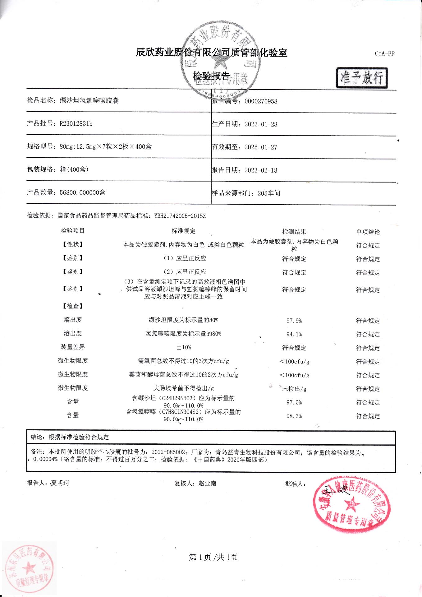 R23012831b缬沙坦氢氯噻嗪胶囊