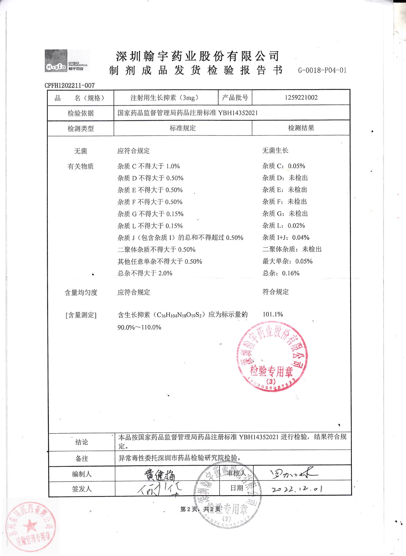 1259221002注射用生长抑素（3mg)1