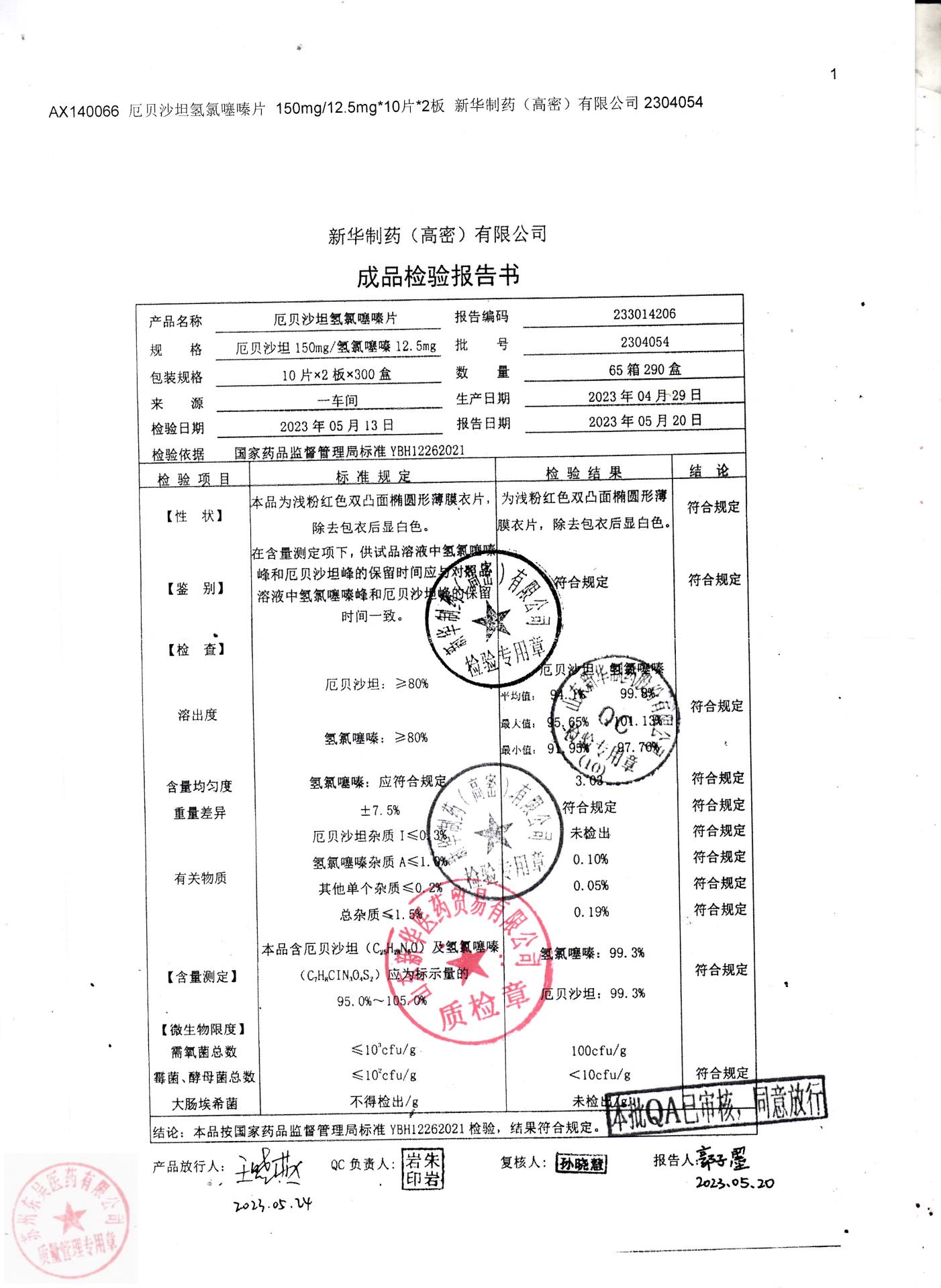 2304054厄贝沙坦氢氯噻嗪片