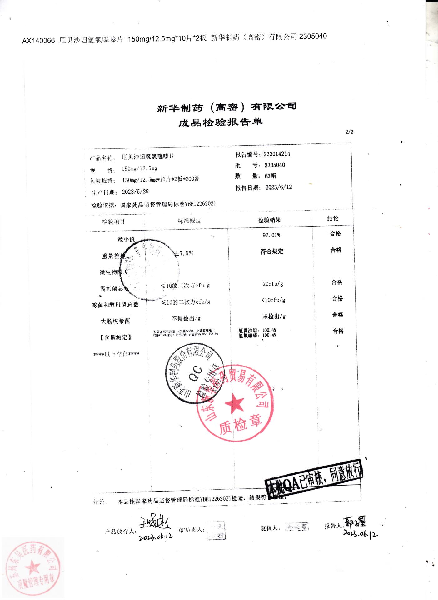 2305040厄贝沙坦氢氯噻嗪片1