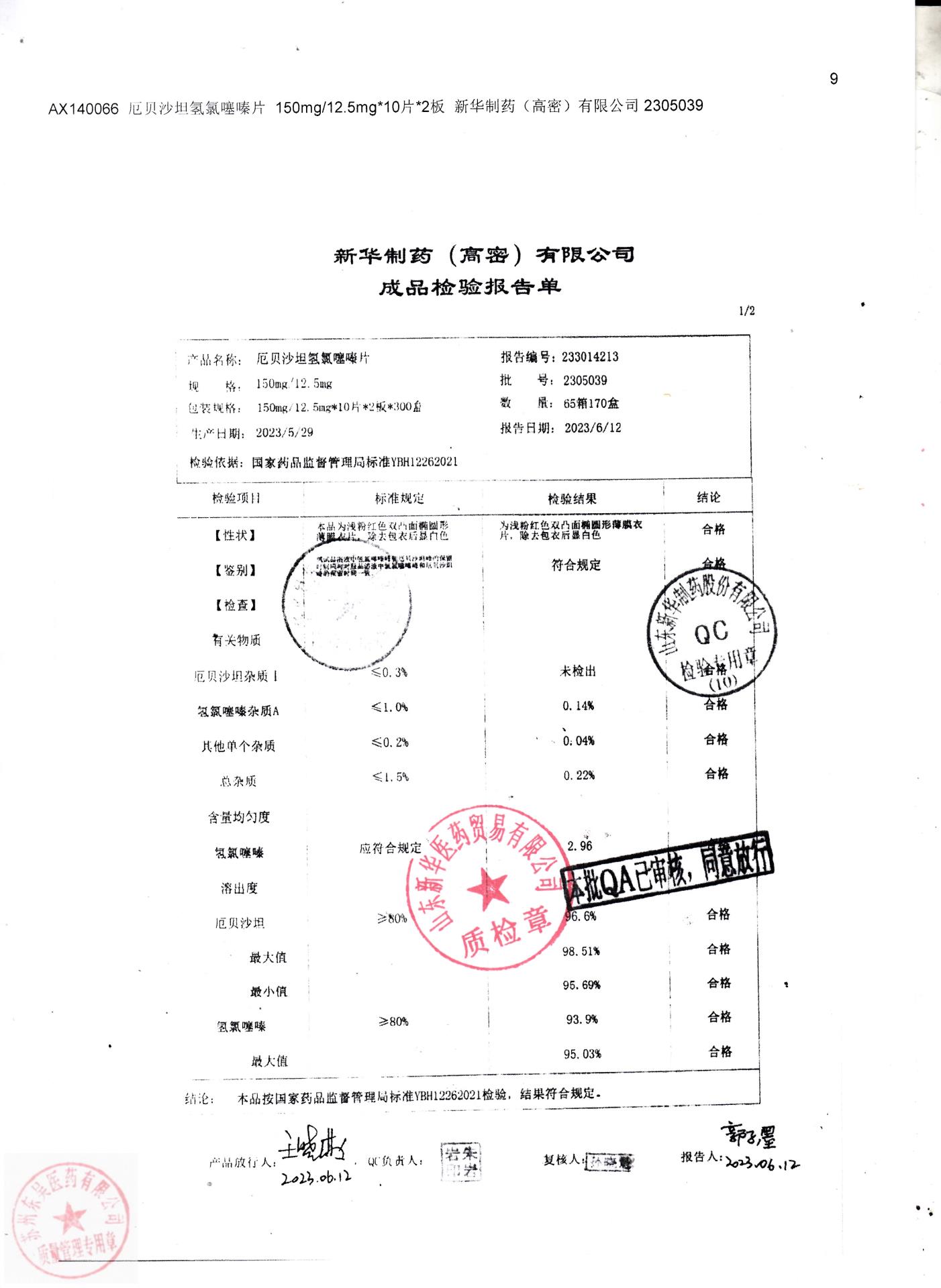 2305039厄贝沙坦氢氯噻嗪片2