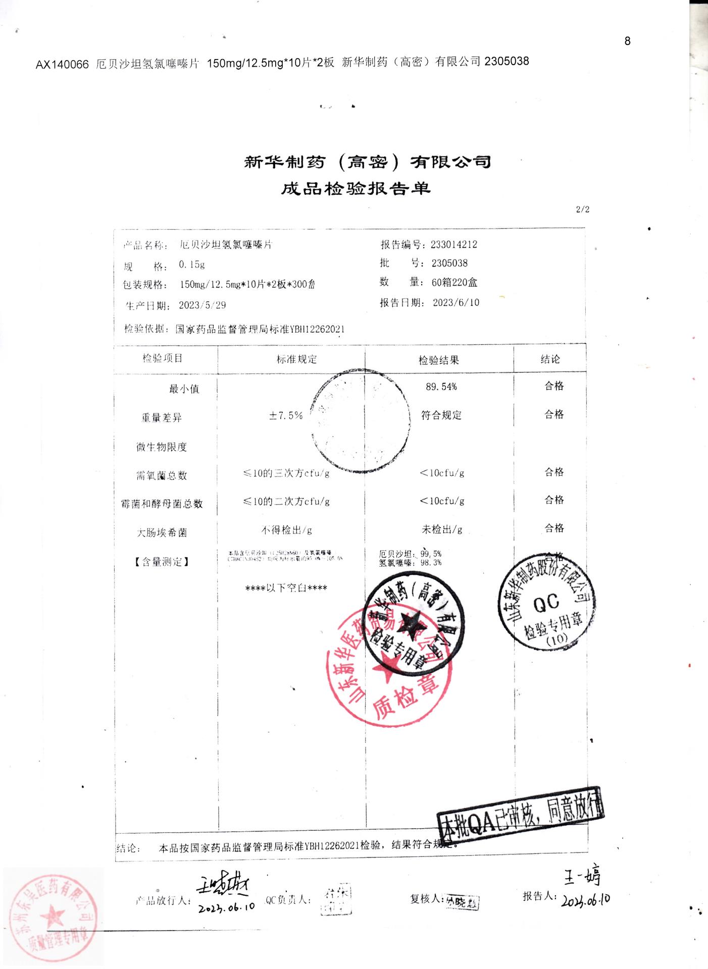 2305038厄贝沙坦氢氯噻嗪片1