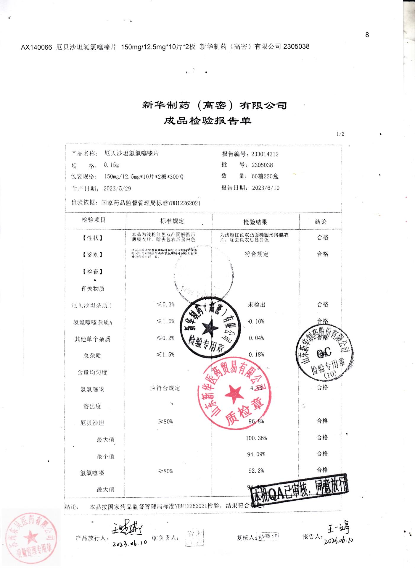 2305038厄贝沙坦氢氯噻嗪片2