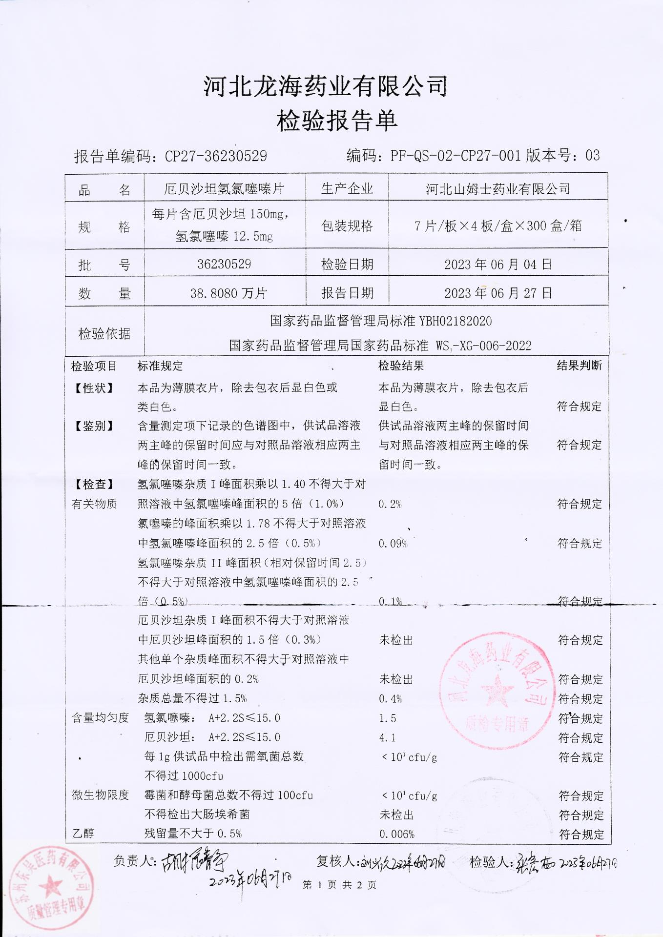 36230529厄贝沙坦氢氯噻嗪片1