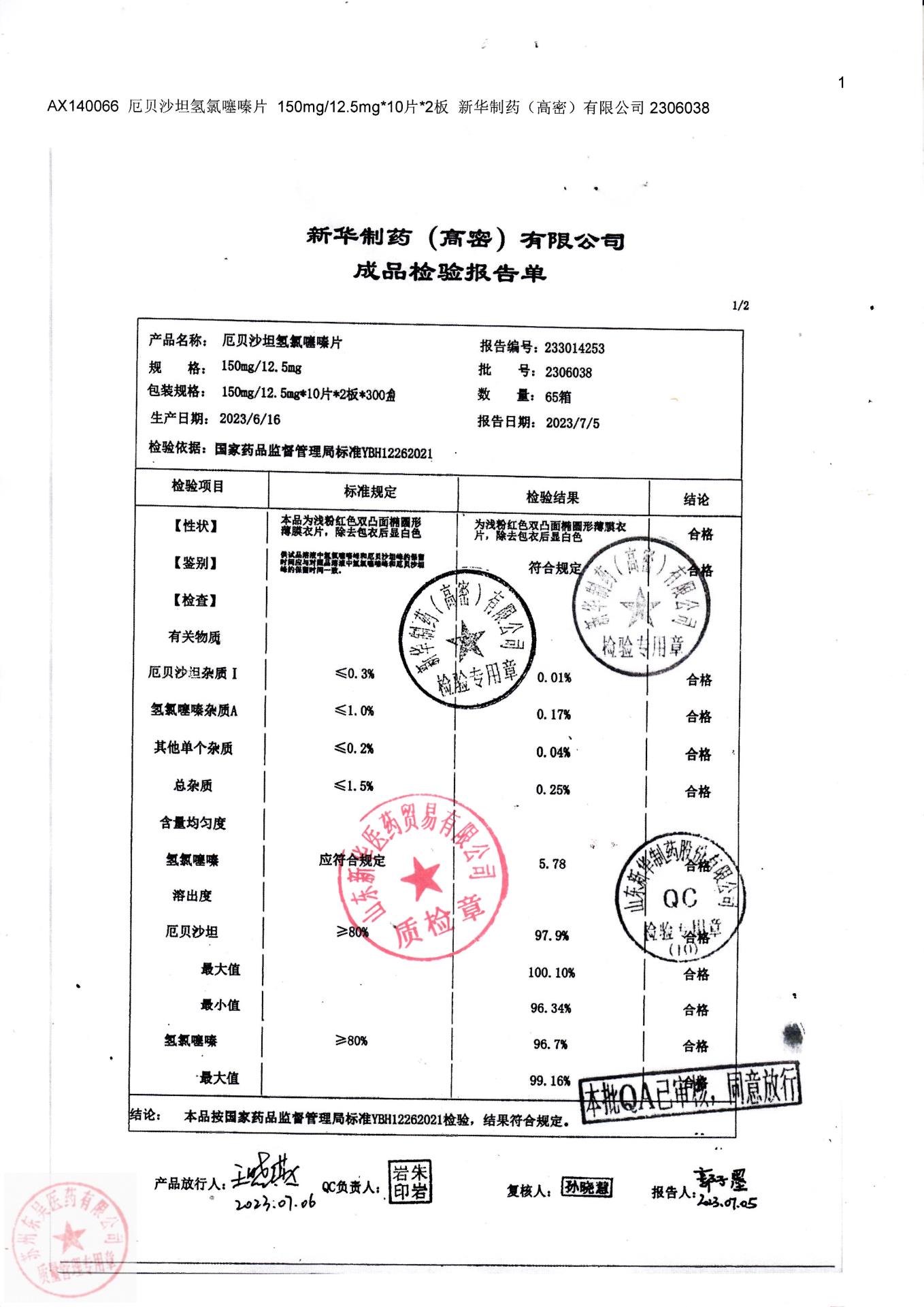 2306038厄贝沙坦氢氯噻嗪片1