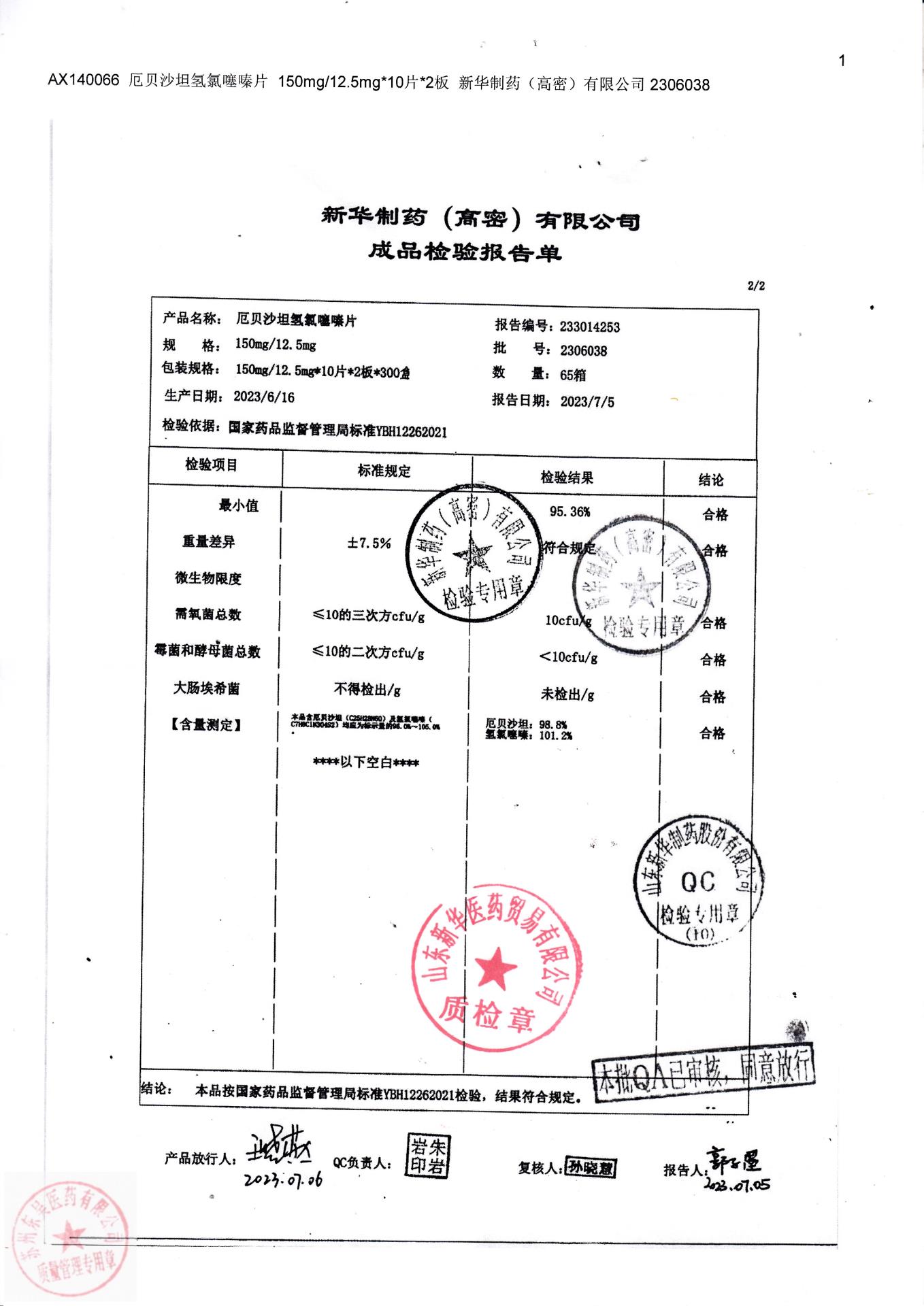 2306038厄贝沙坦氢氯噻嗪片2