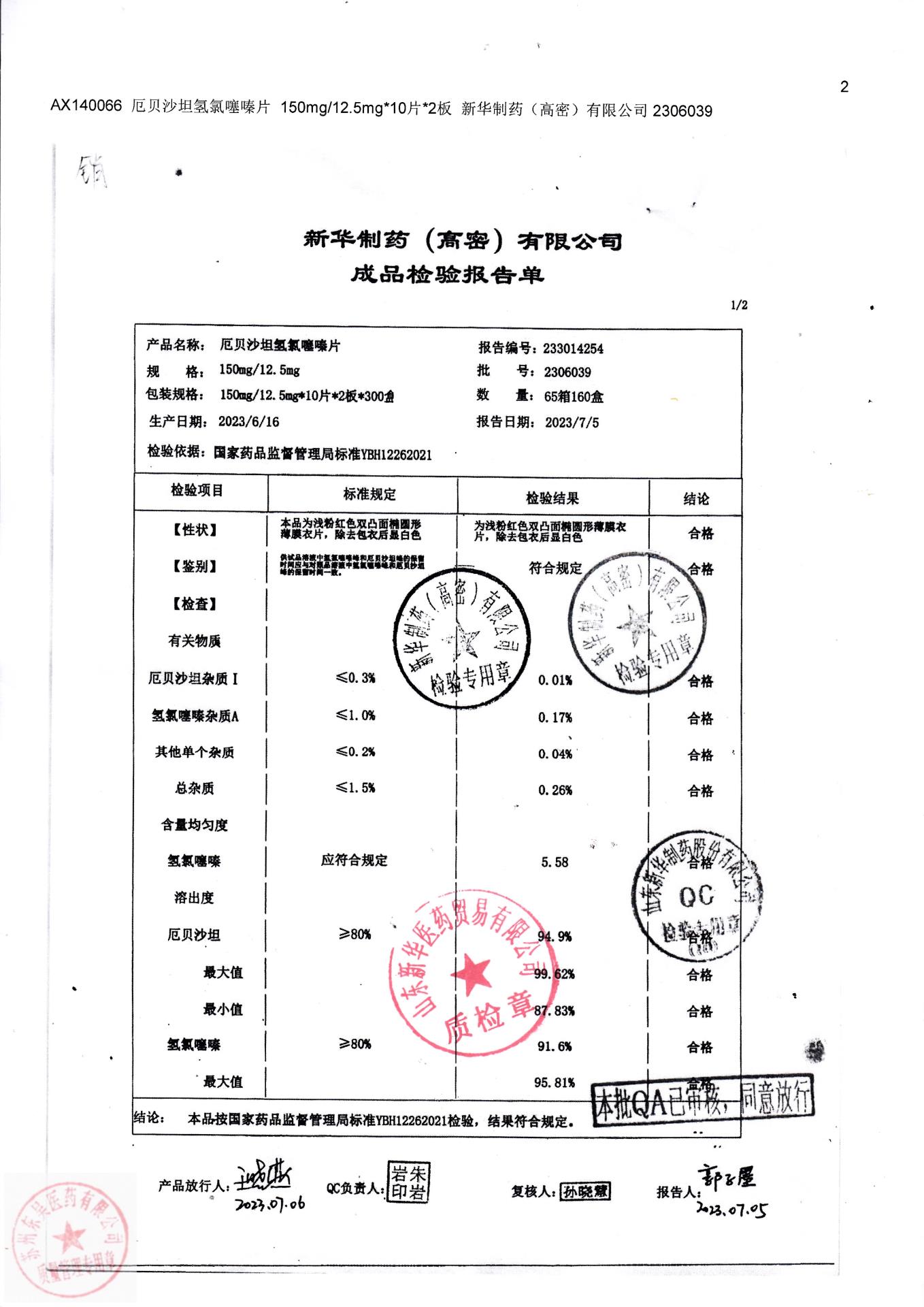 2306039厄贝沙坦氢氯噻嗪片1
