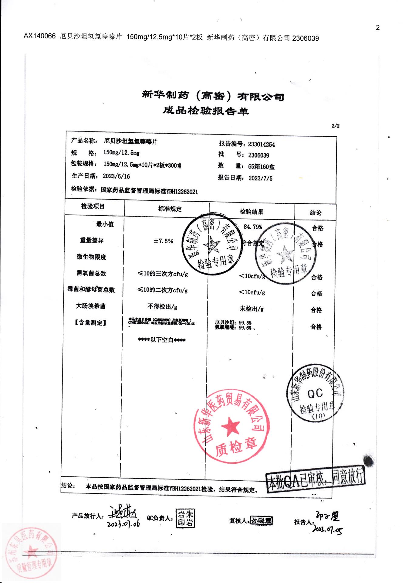 2306039厄贝沙坦氢氯噻嗪片2